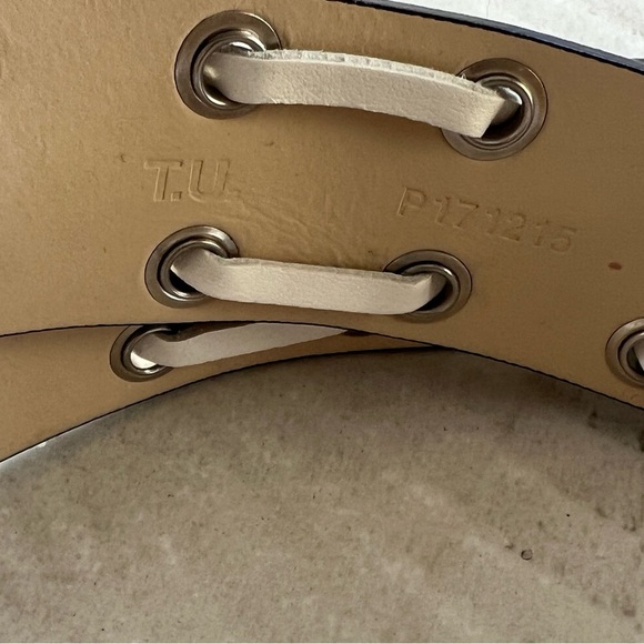 Women’s Anne Fontaine Feo Belt Dark Blue Leather w/  Woven White Graphic Pattern - Picture 5 of 7